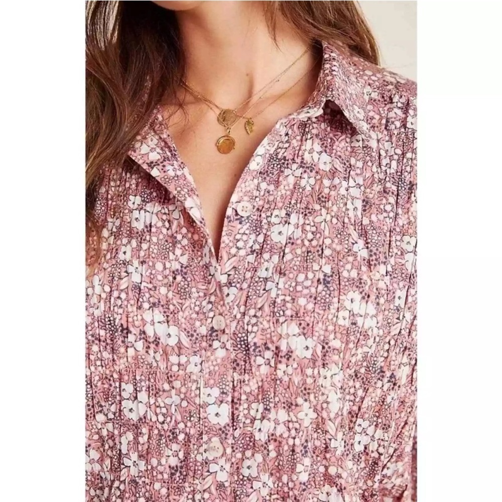 PILCRO Anthropologie Sasha Smocked boho floral Button Down Top M Cottagecore - Picture 10 of 14